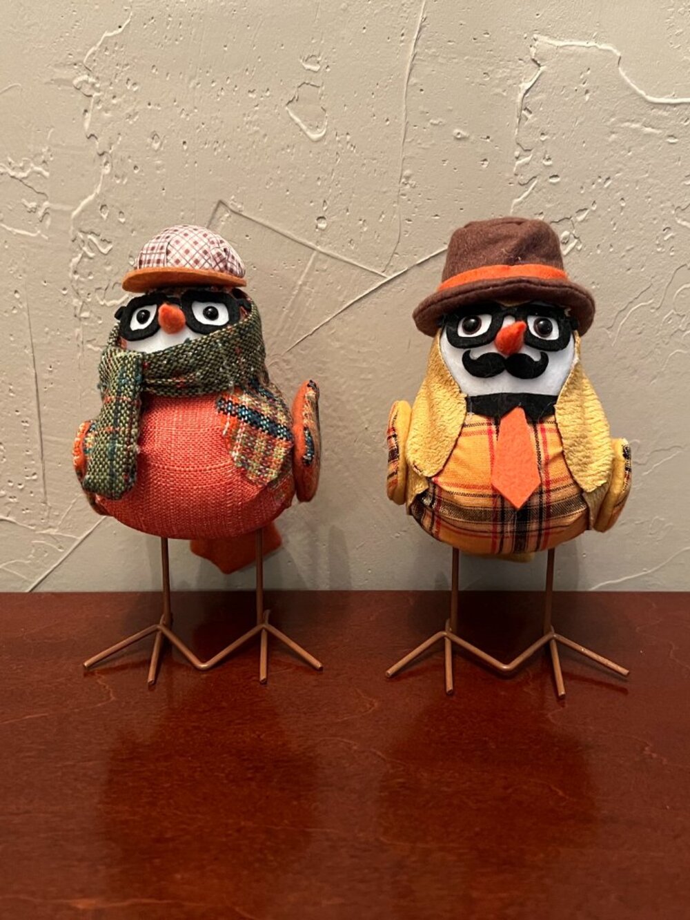 Set of 2 Fall Fabric Bird Figurines Autumn Harvest Shelf Decor Glasses & Hats